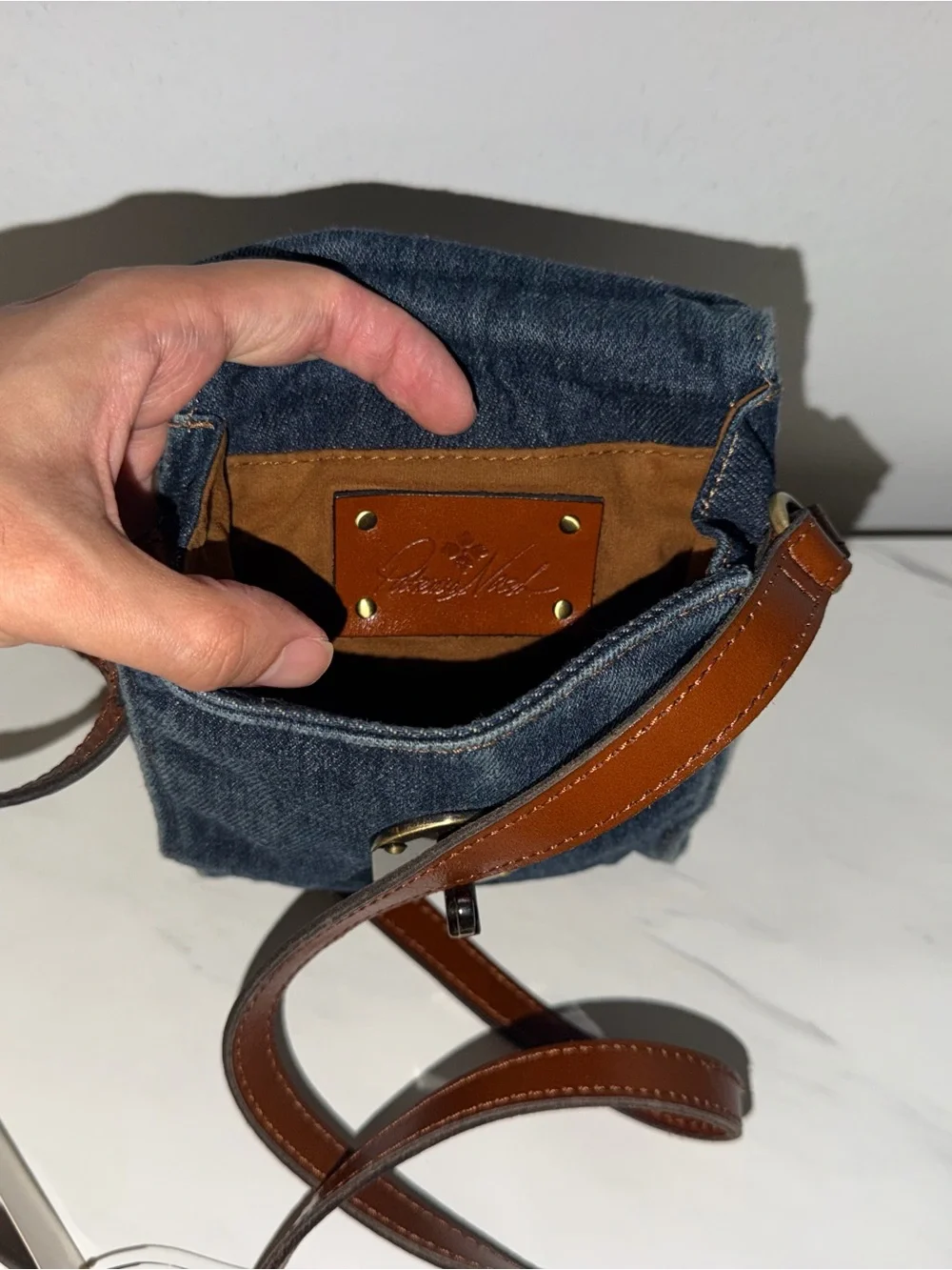 Denim Crossbody Bag with Brown Leather Strap